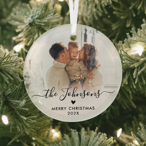 Elegant Heart Script Family Photo Merry Christmas Glass Ornament