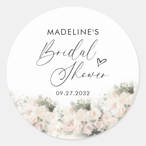 Elegant Heart Script Floral Bridal Shower Classic Round Sticker