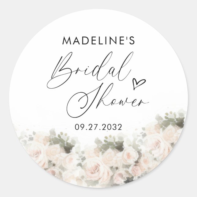Elegant Heart Script Floral Bridal Shower Classic Round Sticker (Front)