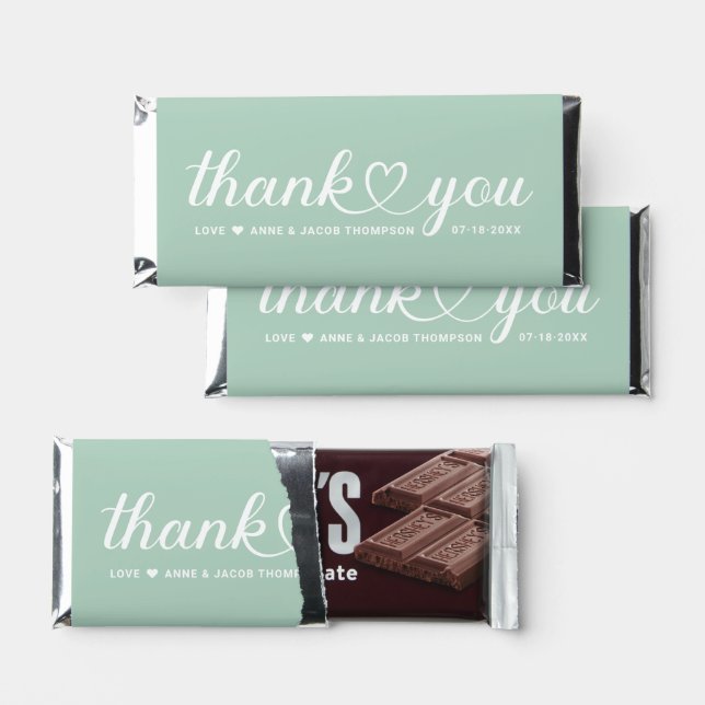 Elegant Heart Script Mint Green Wedding Thank You Hershey Bar Favors (Front)