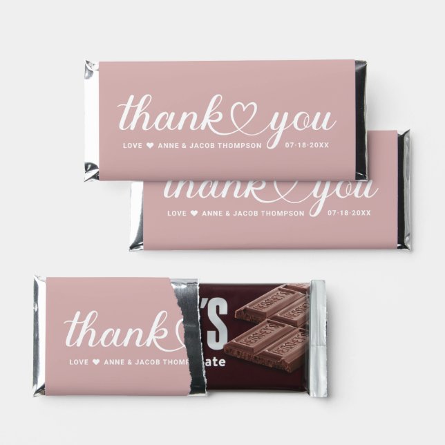 Elegant Heart Script Rose Pink Wedding Thank You Hershey Bar Favors (Front)