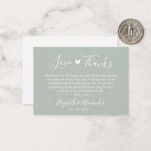 Elegant Heart Script Sage Green Wedding Thank You Note Card