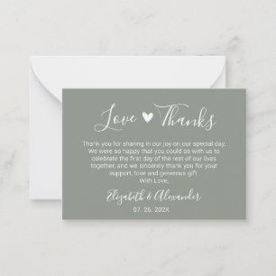 Elegant Heart Script Sage Green Wedding Thank You Note Card