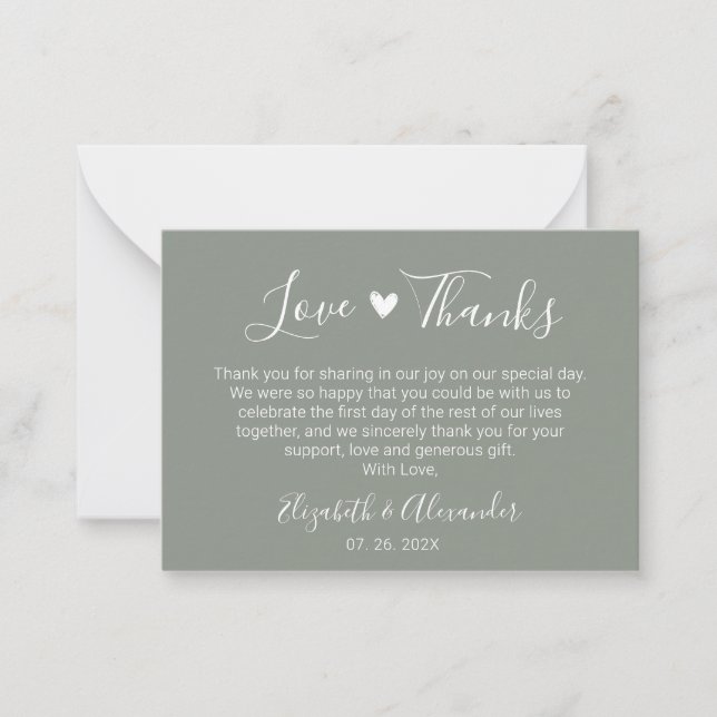 Elegant Heart Script Sage Green Wedding Thank You Note Card (Front)