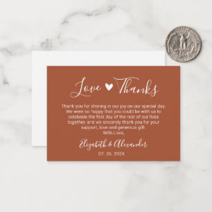 Elegant Heart Script Terracotta Wedding Thank You Note Card