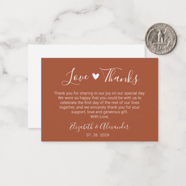 Elegant Heart Script Terracotta Wedding Thank You Note Card (Front/Back In Situ)
