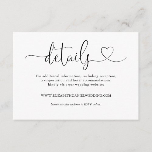 Elegant Heart Script Wedding Details Enclosure Card