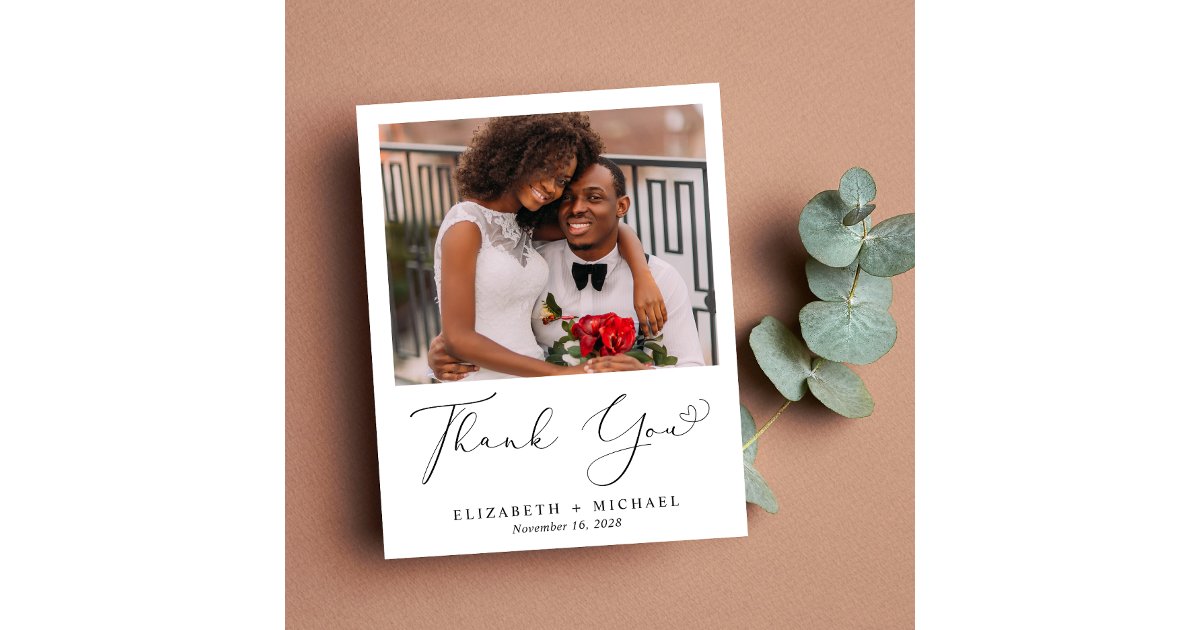 Elegant Heart Script Wedding Photo Thank You Card | Zazzle