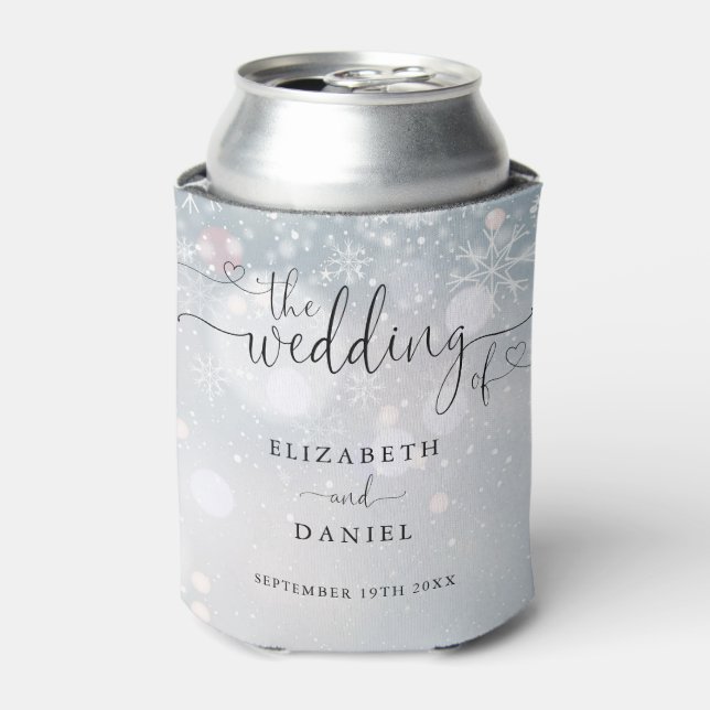 Elegant Heart Script Winter Wedding Can Cooler (Can Front)