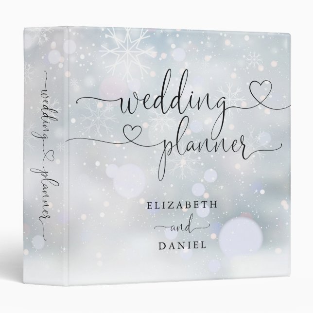 Elegant Heart Script Winter Wedding Planner 3 Ring Binder (Front/Spine)