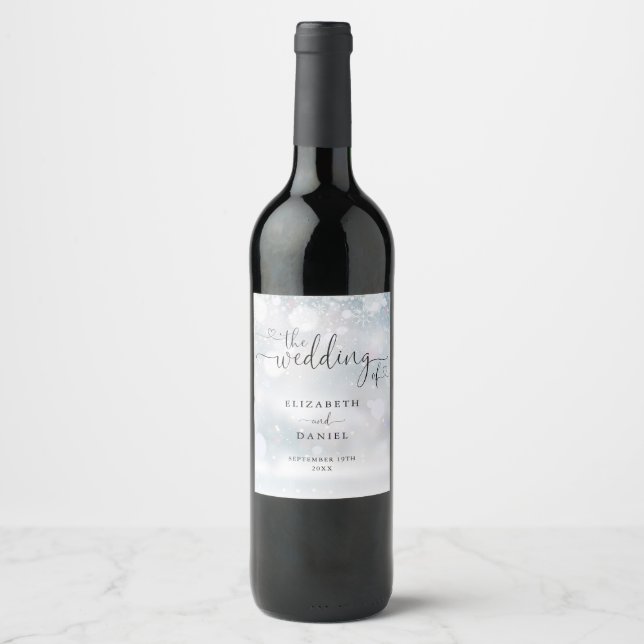 Elegant Heart Script Winter Wedding Wine Label (Front)