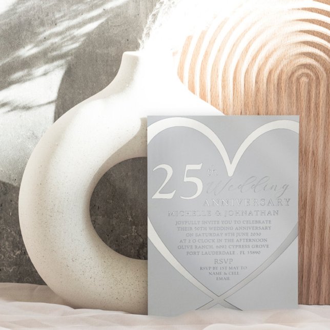 Elegant Heart  Silver 25 th Wedding Anniversary  Foil Invitation (Creator Uploaded)