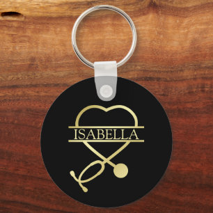 Elegant Heart Stethoscope Black Gold Add Name Keychain