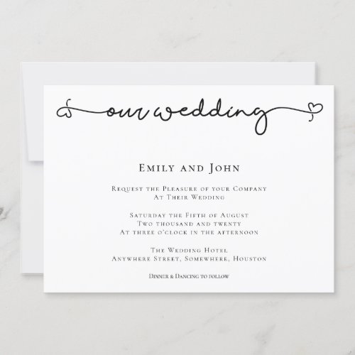 Elegant Heart Swash Script Black Text Wedding Invitation