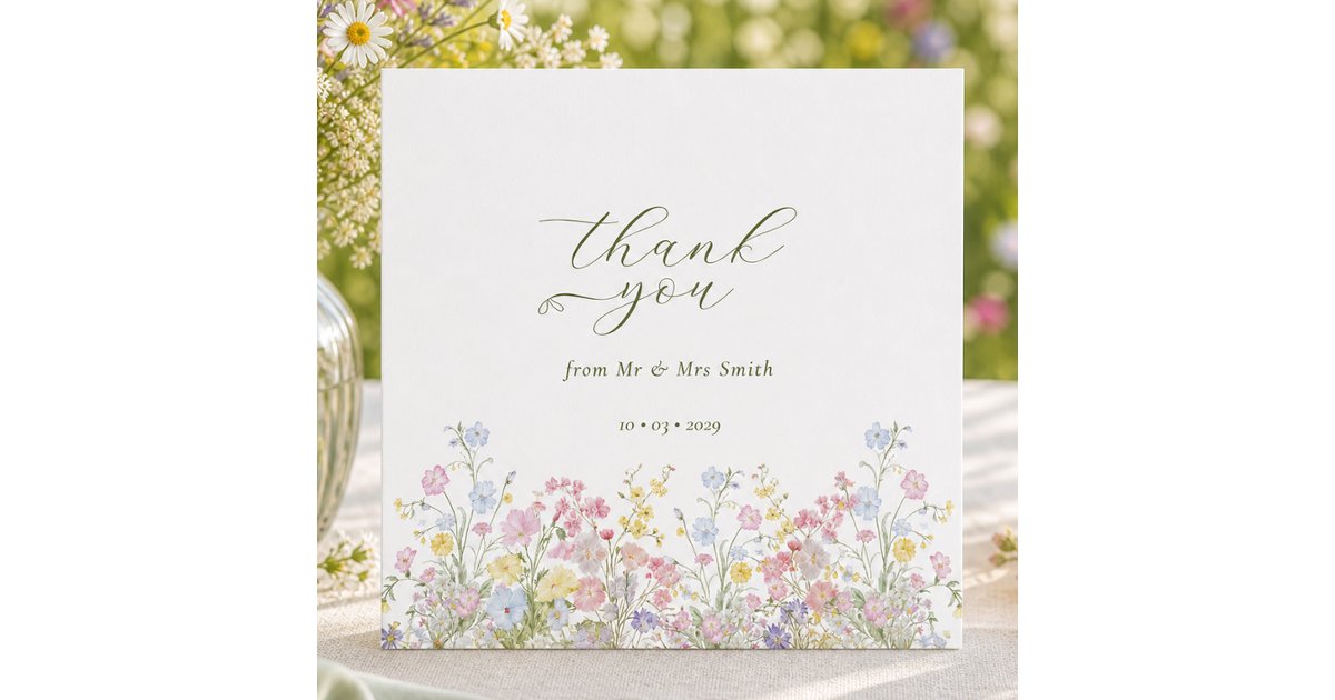 Elegant Heart Thank you Wildflower Wedding Card | Zazzle