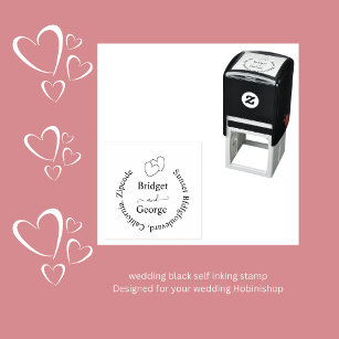 elegant heart wedding & round return adress black self-inking stamp