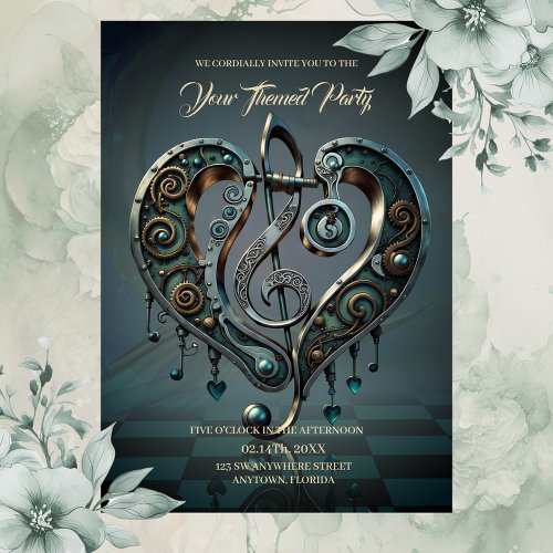 Elegant heart with clef in steampunk style invitation