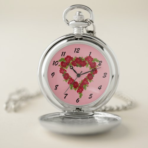 Elegant Heart Wreath of Red Roses Leaves on Pink Pocket Watch