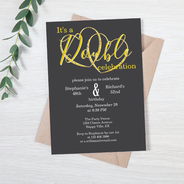 Elegant Hearts Black Gold Joint Birthday Invitation (Creator Uploaded)