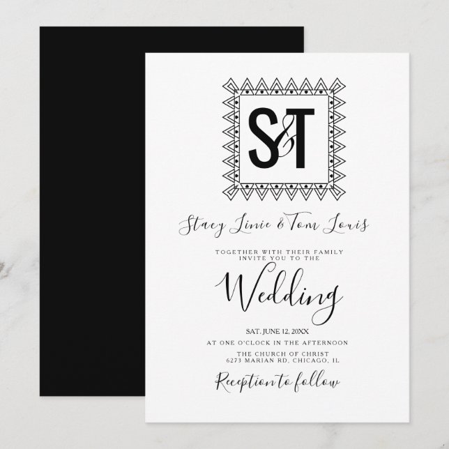 Elegant Hearts & Frame Black White Wedding Invitation (Front/Back)