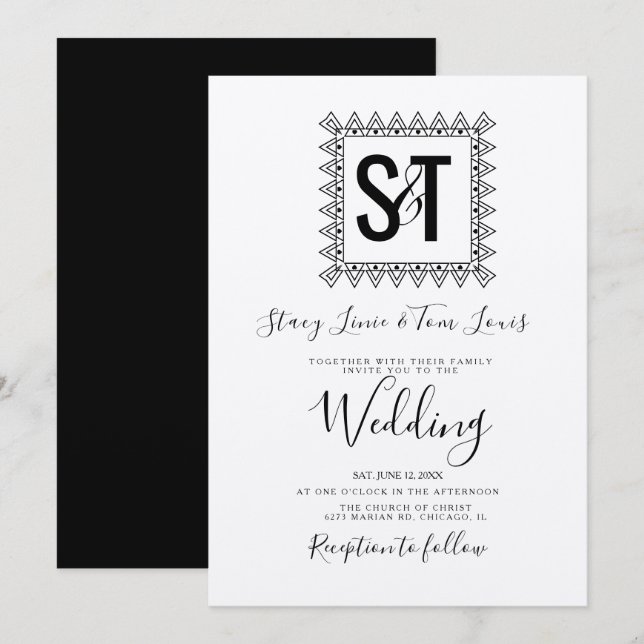 Elegant Hearts & Frame Black White Wedding kraft Invitation (Front/Back)