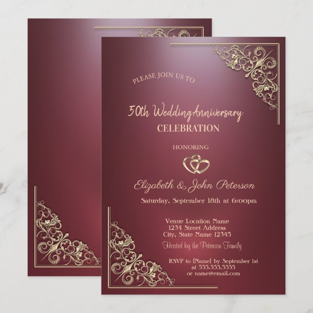 Elegant Hearts Frame Dark Red Wedding Anniversary Invitation (Front/Back)
