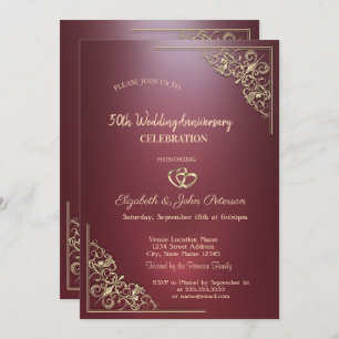 Elegant Hearts Frame Dark Red Wedding Anniversary Invitation