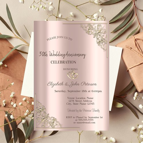 Elegant Hearts Frame Rose Gold Wedding Invitation