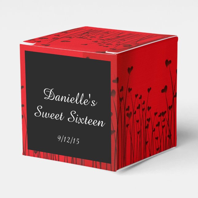 Elegant, Hearts Red and Black, Sweet 16, Favor Boxes (Front Side)