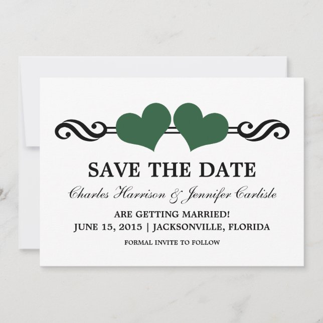 Elegant Hearts Save the Date Invite, Green Invitation (Front)