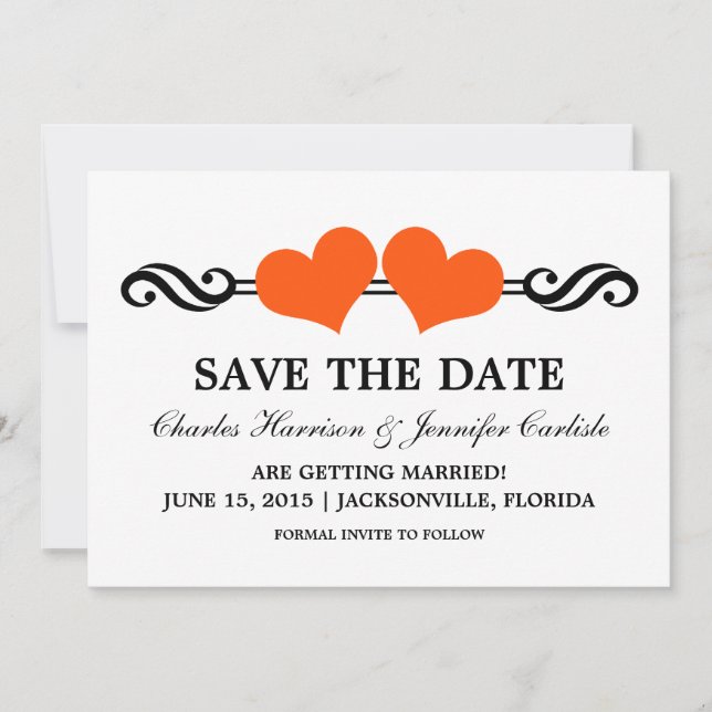 Elegant Hearts Save the Date Invite, Orange Invitation (Front)