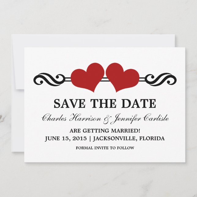 Elegant Hearts Save the Date Invite, Red Invitation (Front)