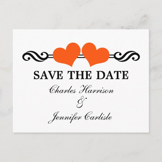 Elegant Hearts Save the Date Postcard, Orange Announcement Postcard (Front)