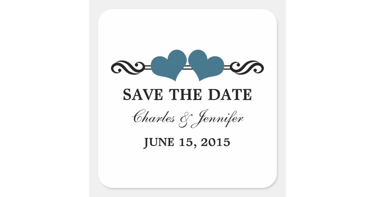 Elegant Hearts Save the Date Stickers, Blue Square Sticker Zazzle