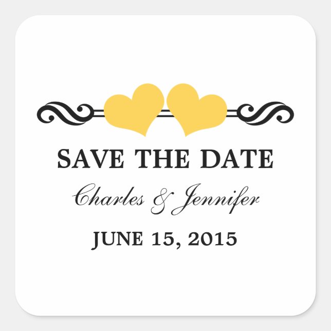 Elegant Hearts Save the Date Stickers, Yellow Square Sticker (Front)