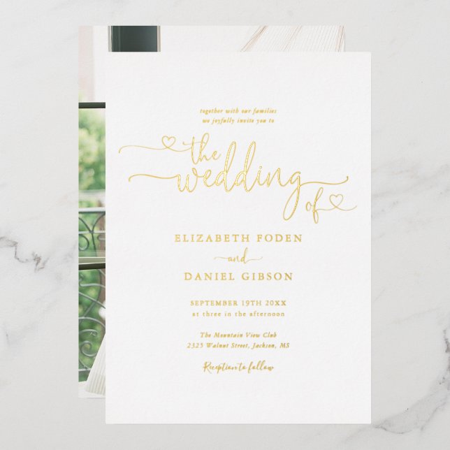 Elegant Hearts Script Calligraphy Photo Wedding  Foil Invitation (Front/Back)
