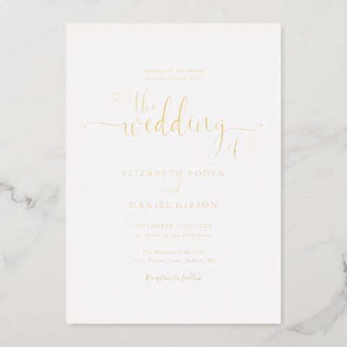 Elegant Hearts Script Calligraphy Wedding Gold Foil Invitation - This elegantreal gold foil wedding invitation can be personalized with your celebration details set in chic typography. Designed by Thisisnotme©