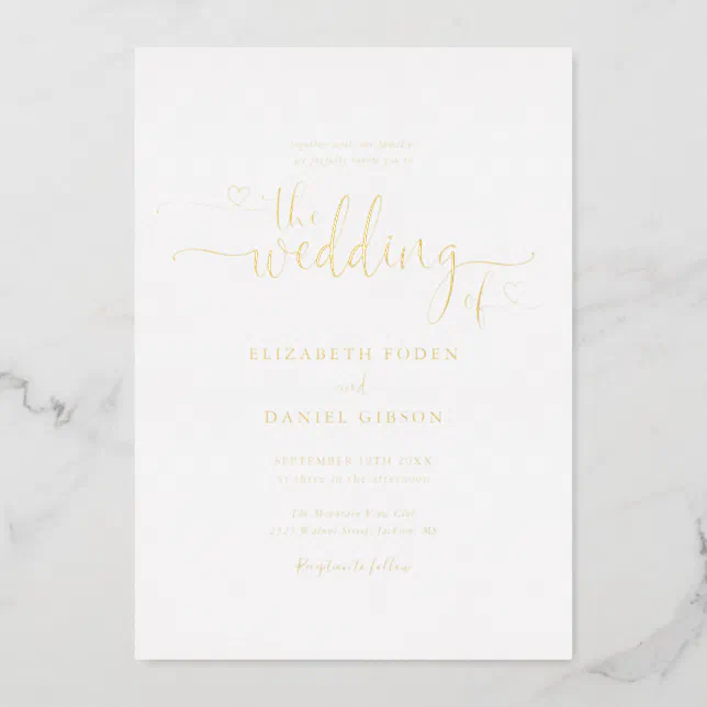 Elegant Hearts Script Calligraphy Wedding Gold Foil Invitation | Zazzle