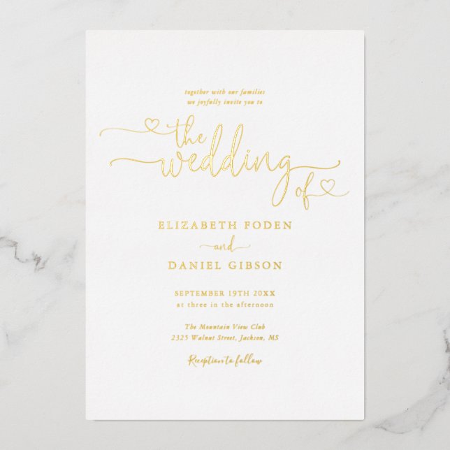 Elegant Hearts Script Calligraphy Wedding Gold Foil Invitation (Front)