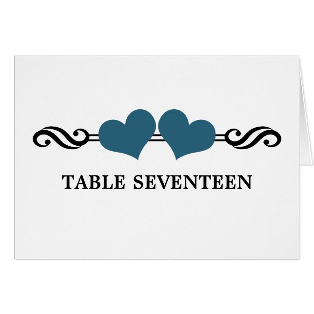 Elegant Hearts Table Number Card, Blue (Front Horizontal)