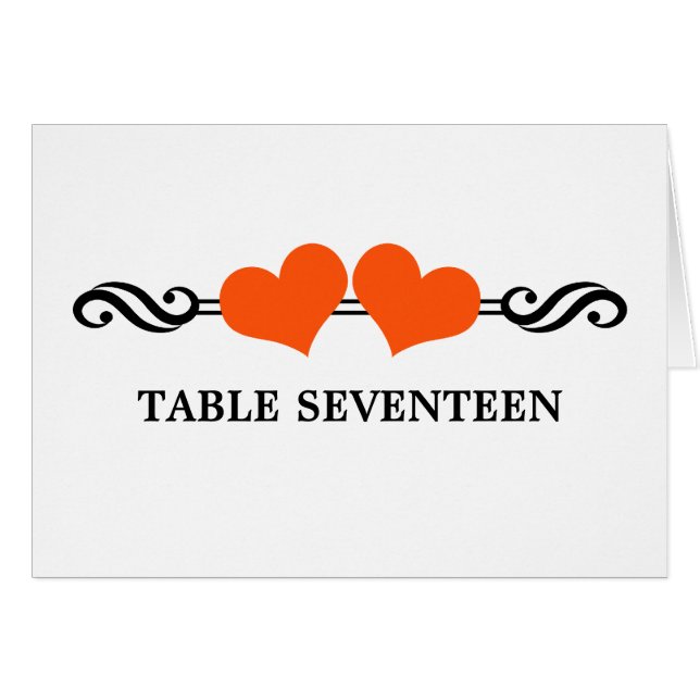 Elegant Hearts Table Number Card, Orange (Front Horizontal)