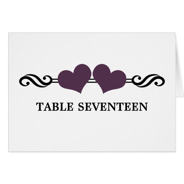 Elegant Hearts Table Number Card, Purple (Front Horizontal)