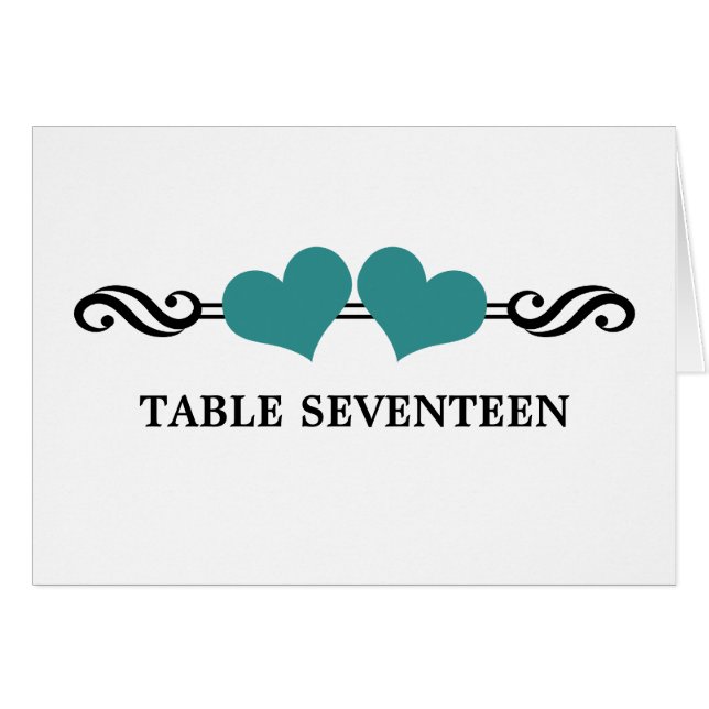 Elegant Hearts Table Number Card, Teal (Front Horizontal)