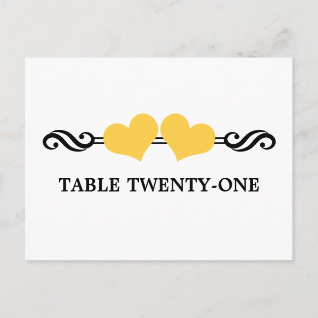 Elegant Hearts Table Number Postcard, Yellow (Front)