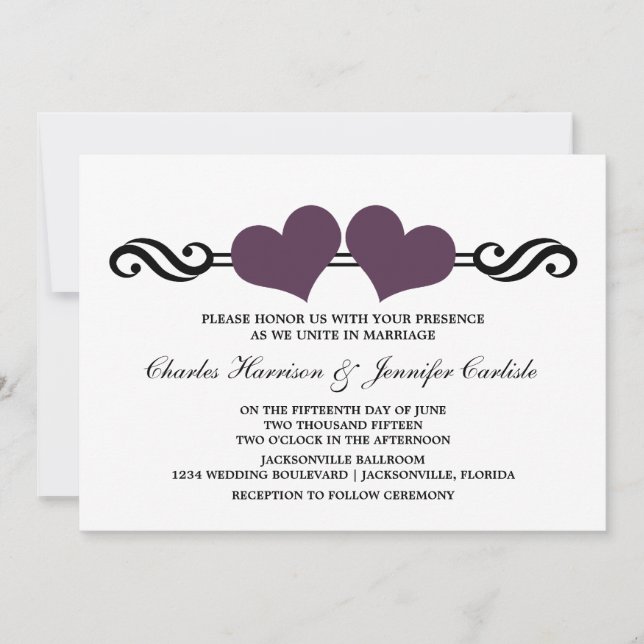 Elegant Hearts Wedding Invitation, Purple Invitation (Front)
