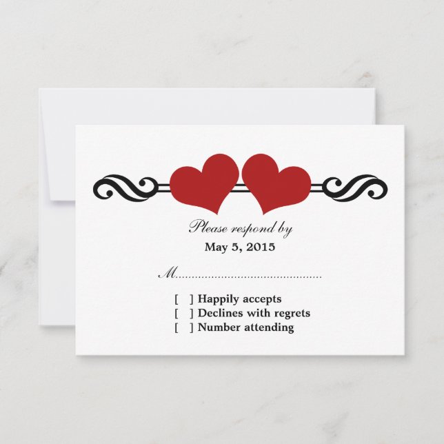 Elegant Hearts Wedding Response Card, Red (Front)