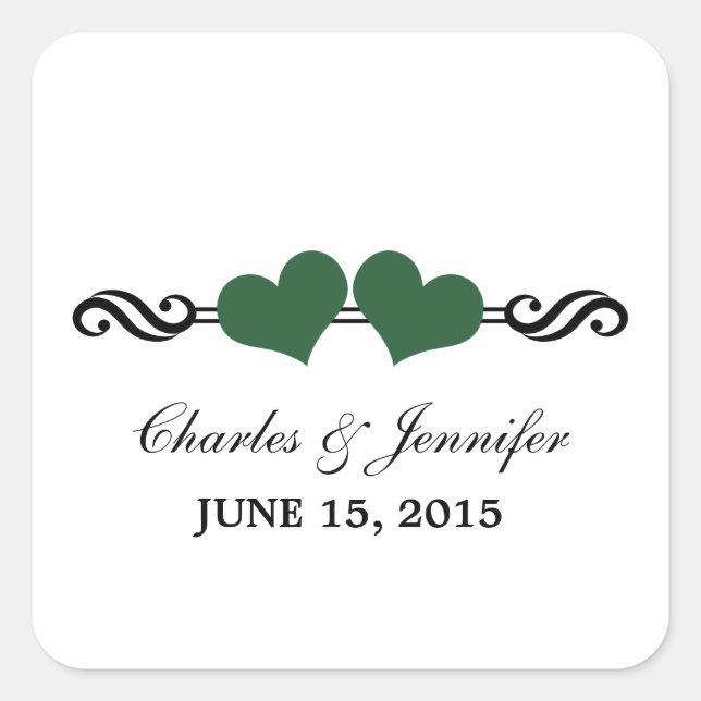 Elegant Hearts Wedding Stickers, Green Square Sticker (Front)