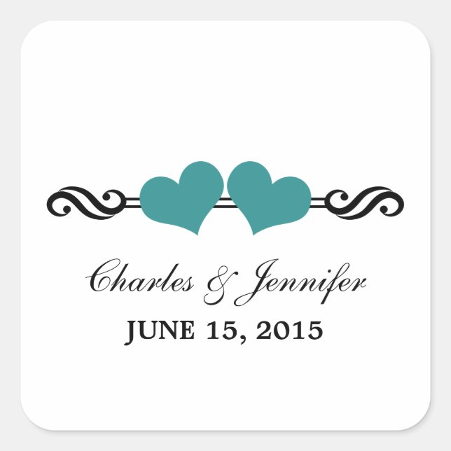 Elegant Hearts Wedding Stickers, Teal Square Sticker (Front)