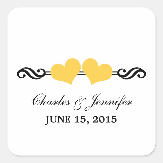 Elegant Hearts Wedding Stickers, Yellow Square Sticker (Front)