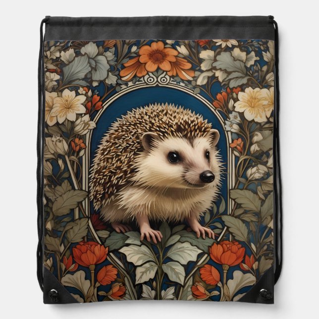 Elegant Hedgehog William Morris Inspired Drawstring Bag (Front)